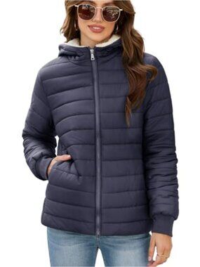 Women's Lightweight Fleece Lined Puffer Jacket Zip Hood Pockets